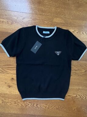 Prada Black Crewneck Short-Sleeve Sweater with White Trim